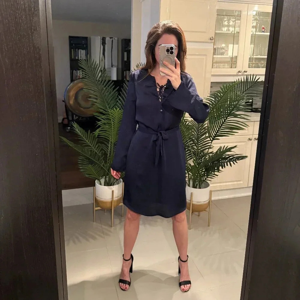 Navy Long Sleeve Lace Up Dress, Michael Kors, US S
